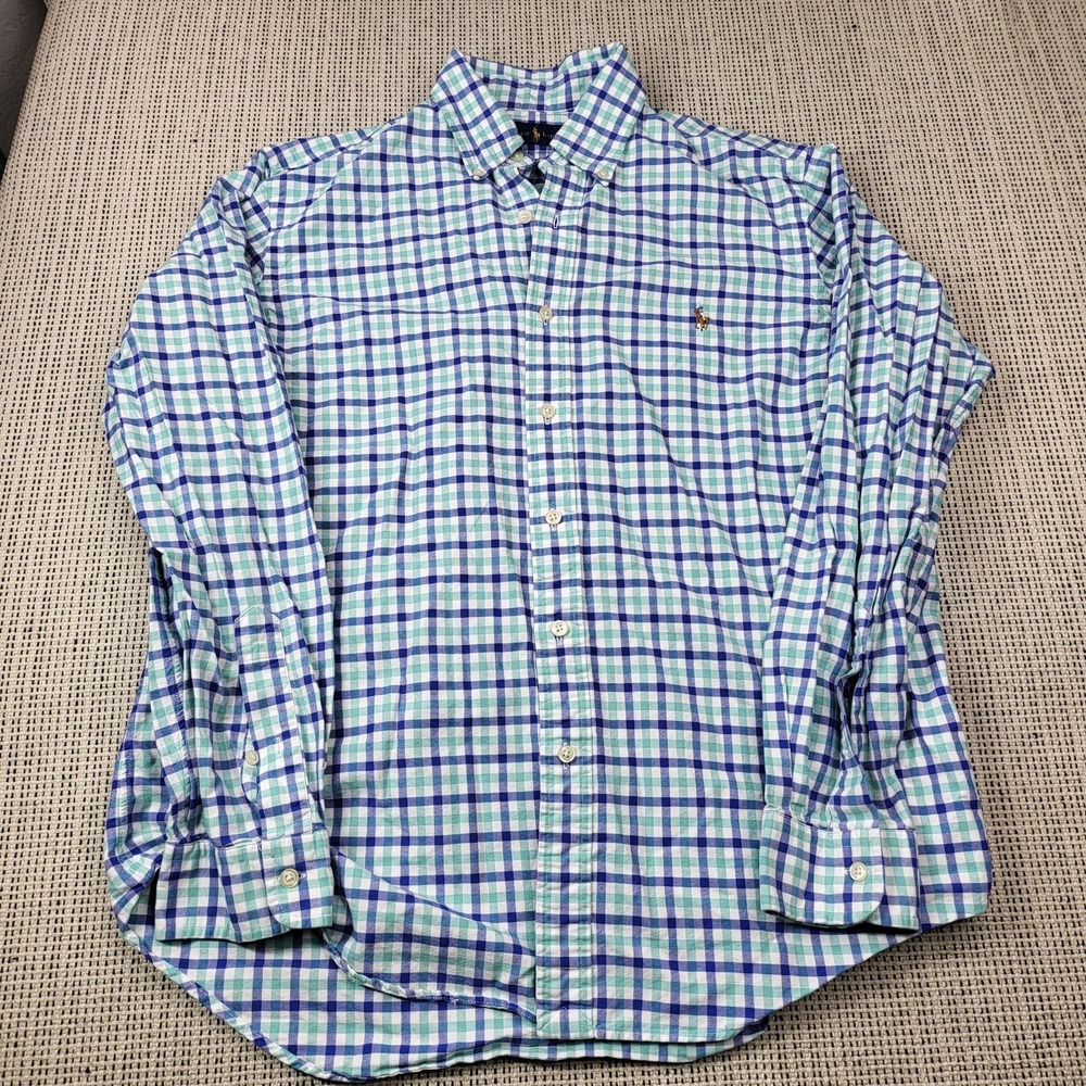 Ralph Lauren Shirt Mens Medium Blue Check Long Sleeve Button Front Pony Logo